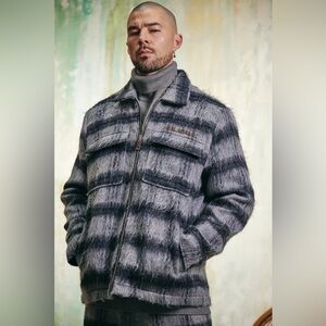 NWOT Valabasas 'Poineer' Black Grey Plaid Mohair Zip Street Jacket‎ XL X Large